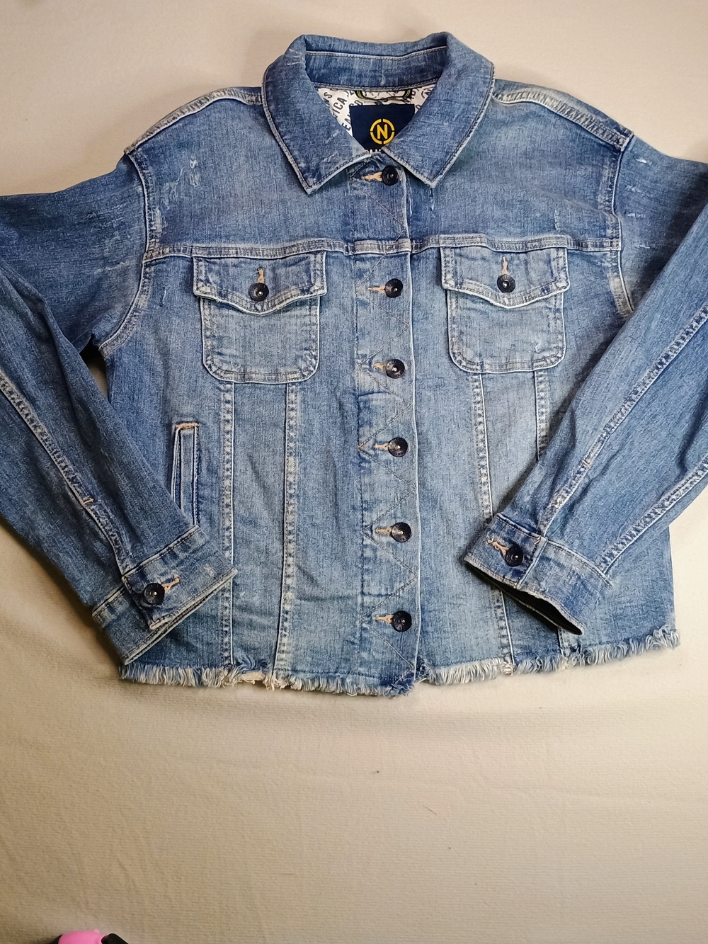 Nautica Medium Blue Distressed Denim Trucker Jacket